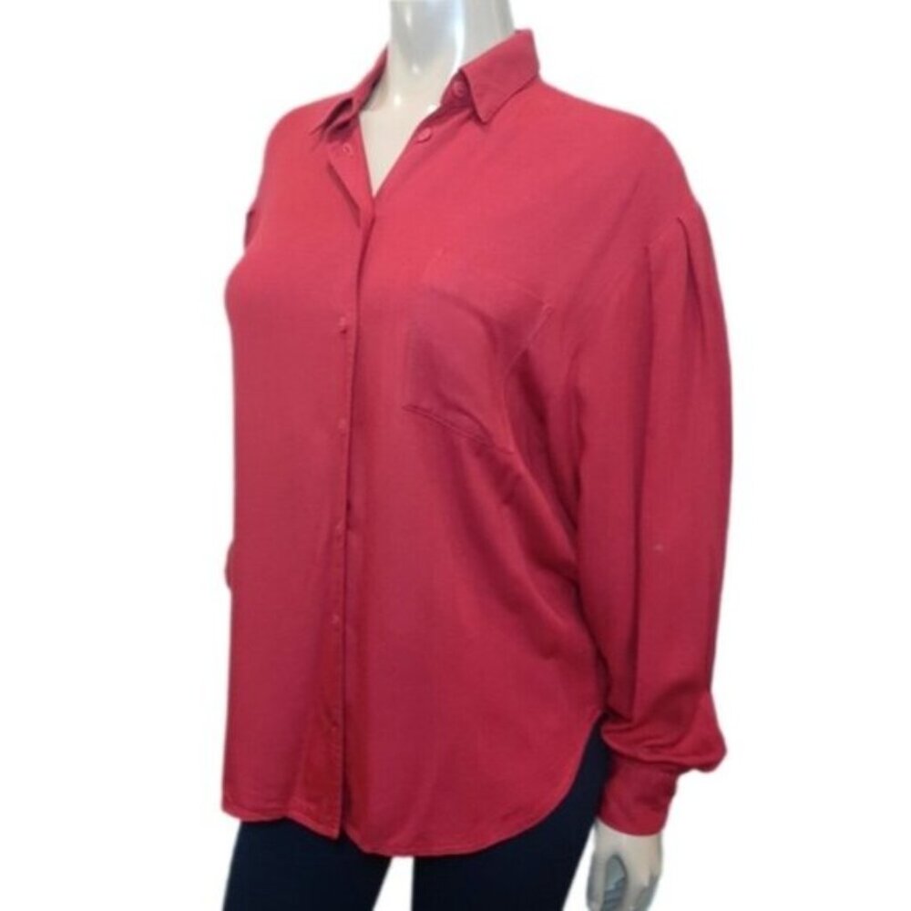 Vintage Slouchy Button Down Shirt Pleated Balloon Sleeve Embroidered Red Top